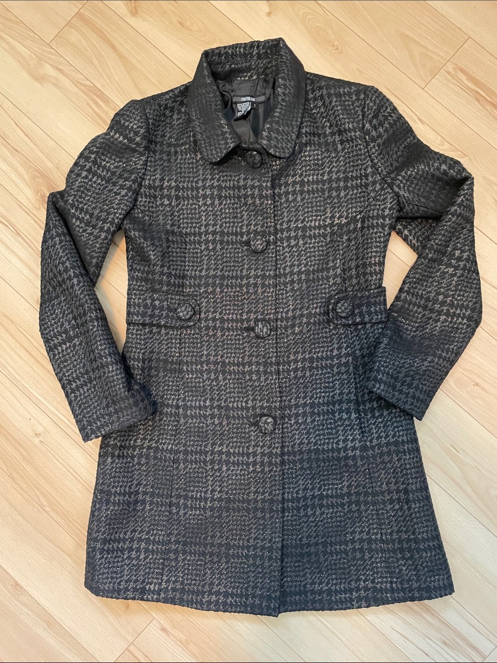 Chapter One Sz S Black and Metallic Houndstooth Pea Coat